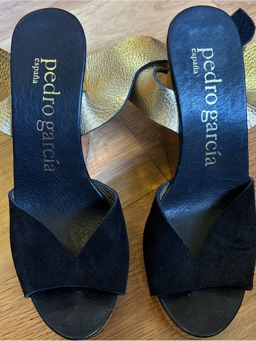 Pedro Garcia Black Suede & Gold disco Wedge Slide Sandals